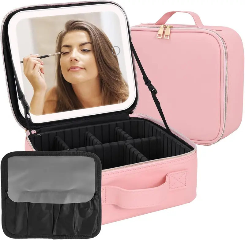 Makeup Case with LED Mirror,Makeup Organizer Bag Travel Makeup Case Large Makeup Bag With Rechargeable Mirror 3 Color Lights Detachable Mirror for Women Beauty Tools Accessories（Pink）