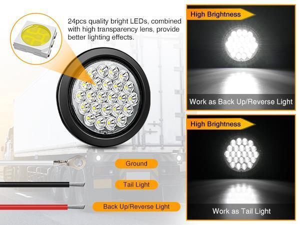 Nilight 4Inch Round Trailer Tail Light 2PCS 24LED White Back Up Reverse Light w/Flush Mount Grommets Plugs IP67 Waterproof for 12V Truck Trailer Bus RV Camper ATV UTV