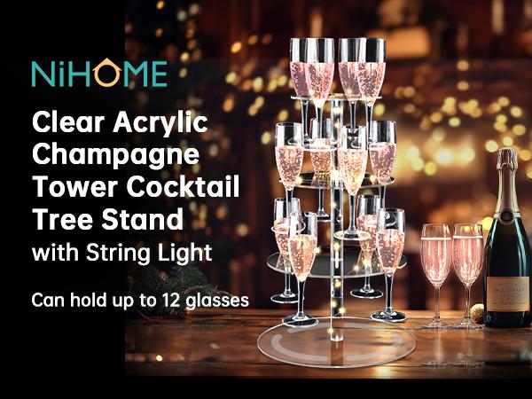 NiHome 3-Tier Clear Acrylic Champagne Tower with String Light, 12-Glass Cocktail Tree Stand Wine Rack for Weddings, Parties & Cocktails - Utensils