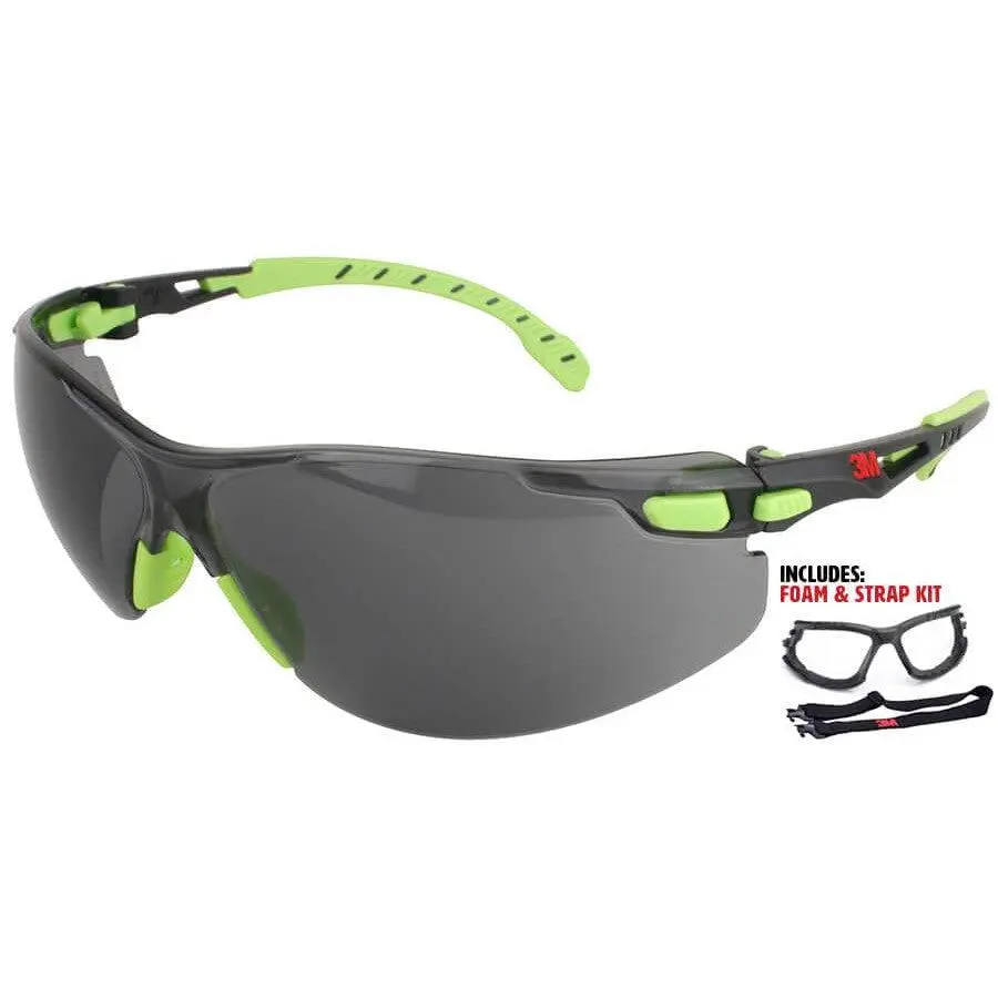3M Solus Safety Glasses - Green Frame with Foam Kit, Gray Anti-Fog Lenses (130mm, 48mm Lens Height), Flying Debris Guard, Soft Rubber, Dual Mold Rubber Temple Grips, 48 Mm Lens Height, Employees