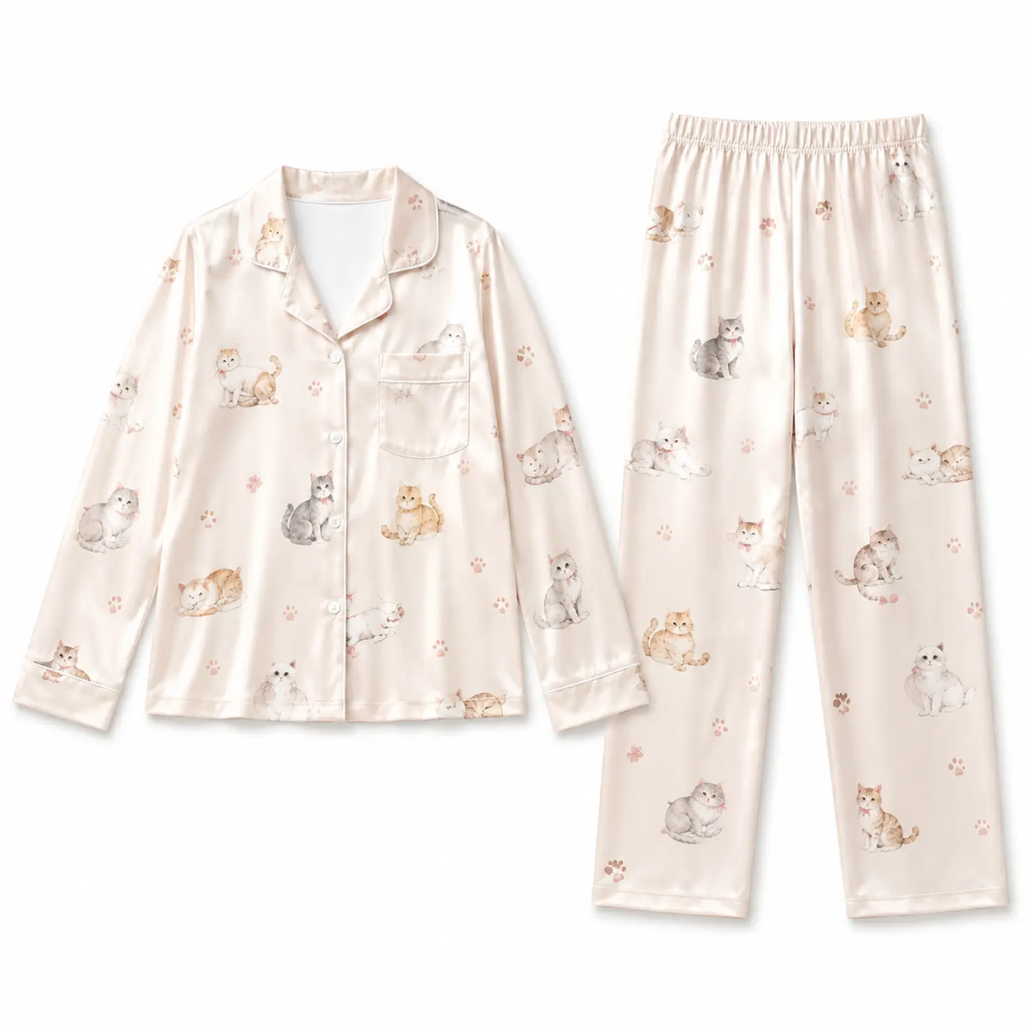 Black Cat Print Button Front Long Sleeve Pajama Set for Women, Soft Loose Fit Two Piece Sleepwear with Pocket