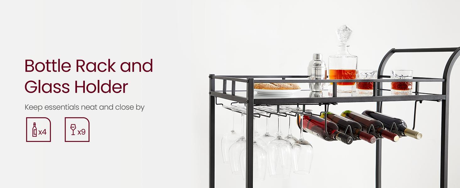 SONGMICS HOME VASAGLE Home Bar Serving Cart, Wine Cart with 2 Mirrored Shelves, Wine Holders, Glass Holders, for Kitchen, Dining Room Utensils