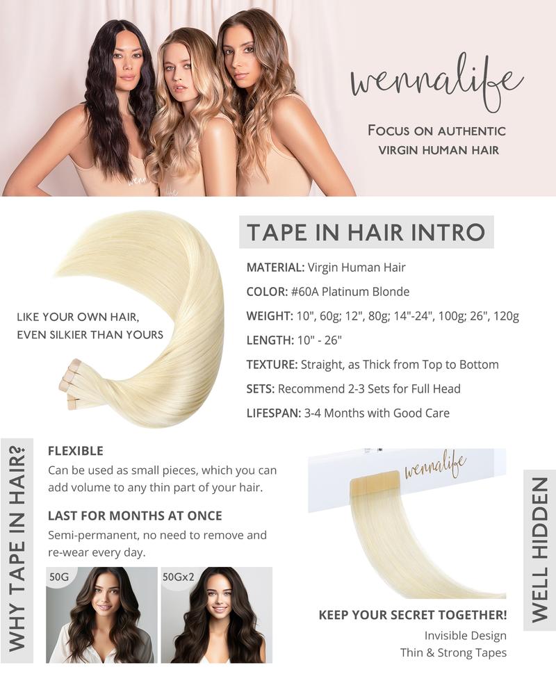 WENNALIFE 100g Tape in Hair Extensions Human Hair 40pcs 14-26 inch Platinum Blonde Hair Extensions Straight Tape in Extensions Remy Human Hair