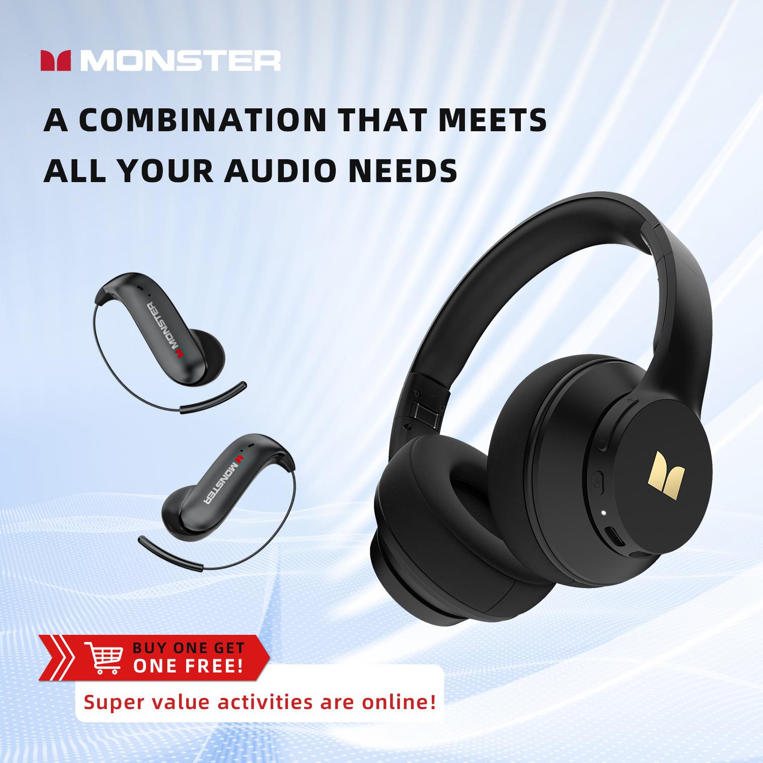 Monster Bluetooth Headphones Set – Includes Over-Ear Wireless Headphones and Ear Buds Ear-Hook Earphones, Deep Bass, Clear Sound, Noise Cancelling Mic, Noise Isolation, IPX5 Waterproof, 40H + 80H Playtime, Ideal for Travel, Work & Gifts for Men and Women