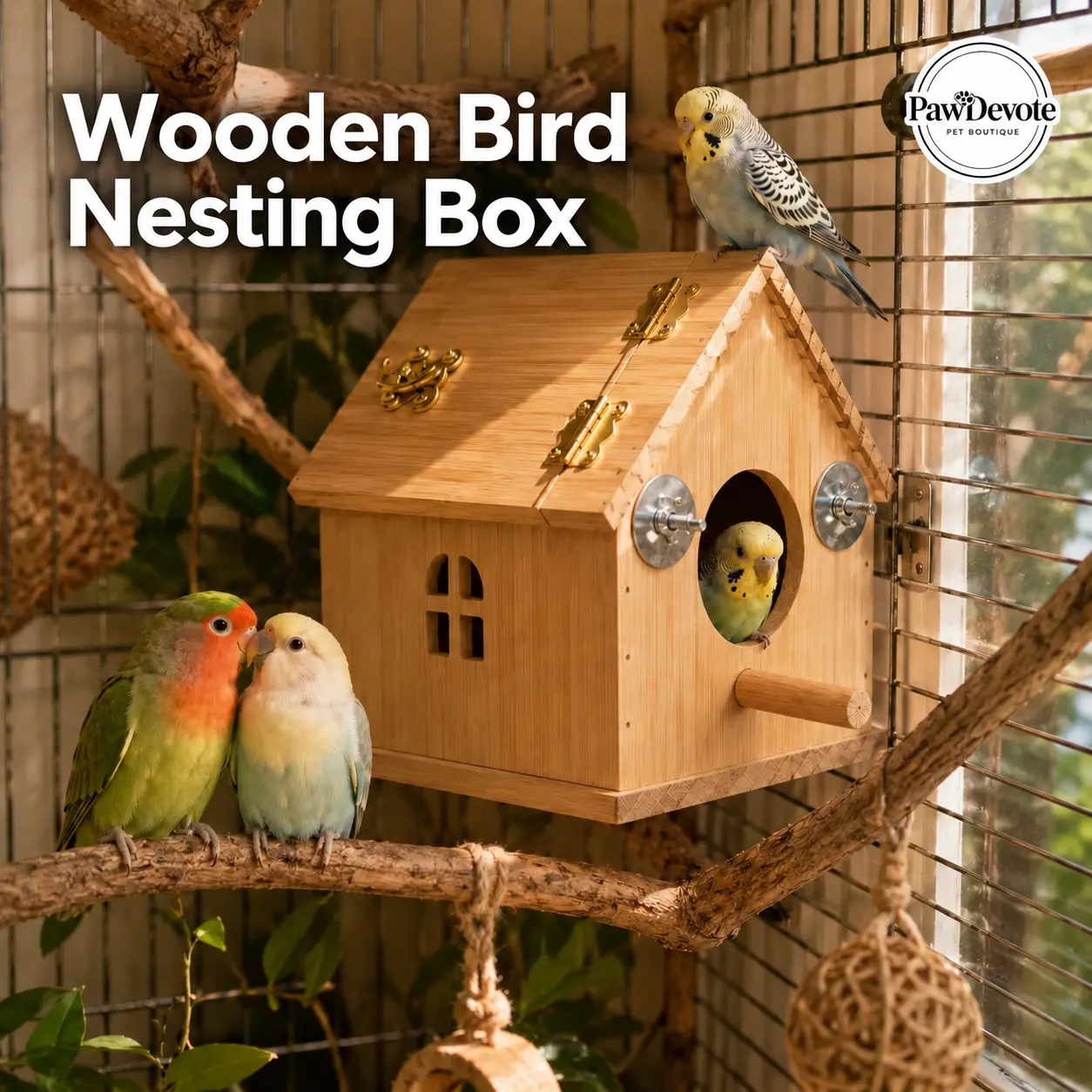 Natural Wood Small Bird House, Fully Assembled Hanging Nesting Box with Hinged Flip-Top Roof & Safe Privacy Design for Bird Cages, Outdoor Use, Budgies Etc., Wood Shavings Not Included