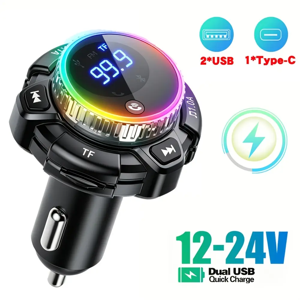 2026 Modern Bluetooth 5.3 Bluetooth Car Adapter - Automotive Charger, Smart Car Charger, PD 3.0 Fast Charging Solution, Rotary Volume Knob, HiFi Deep Bass Sound, RGB Ambient Light, Hands-Free Calling, FM Transmitter, TF Card MP3 Player for Vehicles