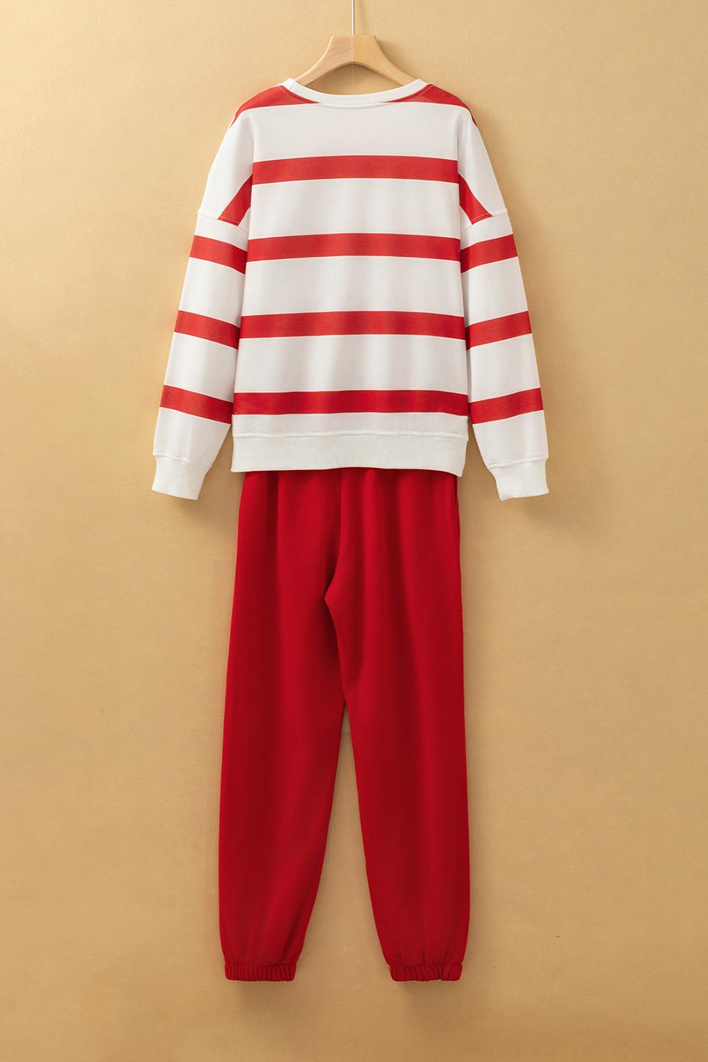 Mntaor Women's Striped Two Piece Outfit Long Sleeve Drop Shoulder Pullover Tops & Jogger Pants Sets Casual Style Comfortable Everyday Wear,Winteroutfit