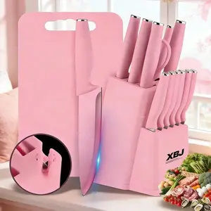15 kitchen knives, equipped with sharpeners, premium stainless steel kitchen knives, three German serrated steak knives, sharp and rust resistant, milky white knives, black knives, pink knives, Mother's Day