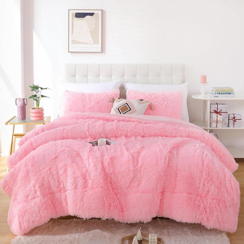 Smoofy 3-Piece Plush Faux Fur Pink Comforter Set - Queen Size Fluffy, Double-Sided Shaggy Velvet Bedding with Comforter & 2 Pillowcases