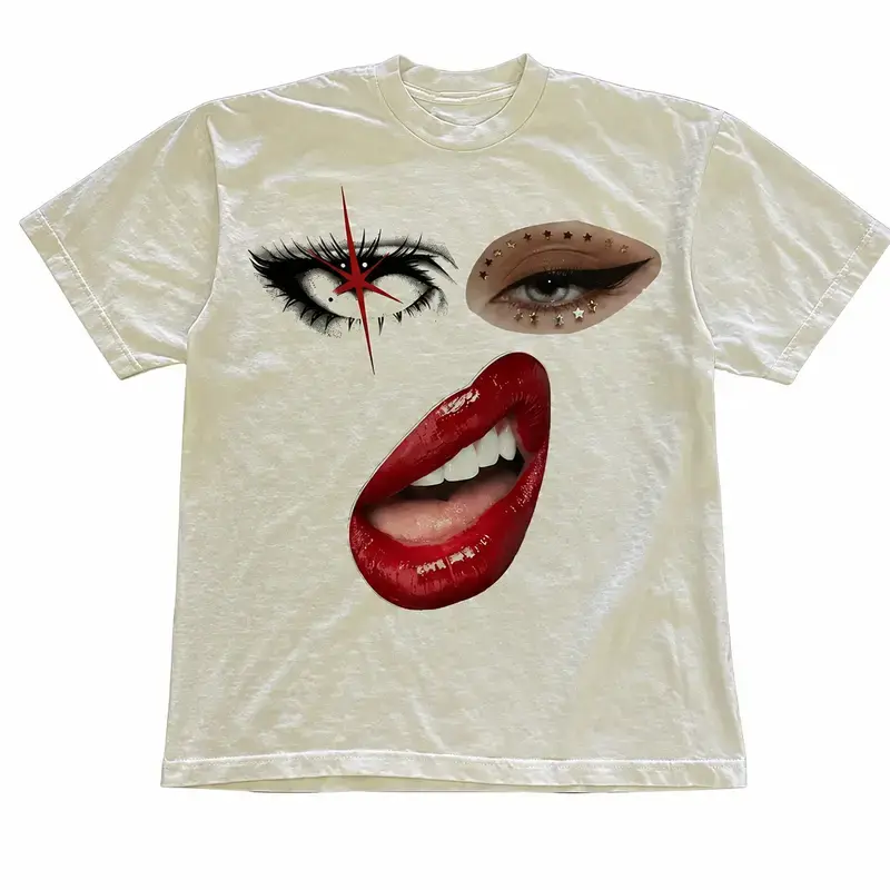 Red Lips Star Glam Eye Graphic Shirt, Vintage Y2K Cyberpunk Alt Makeup Aesthetic Graphic Tee, Edgy Streetwear Fashion Merch, Y2k Shirt, Vintage Grapghic Tee, Grillz Shirt, Unisex Cotton Crewneck T-Shirt Menswear Womenswear Streetwear Top