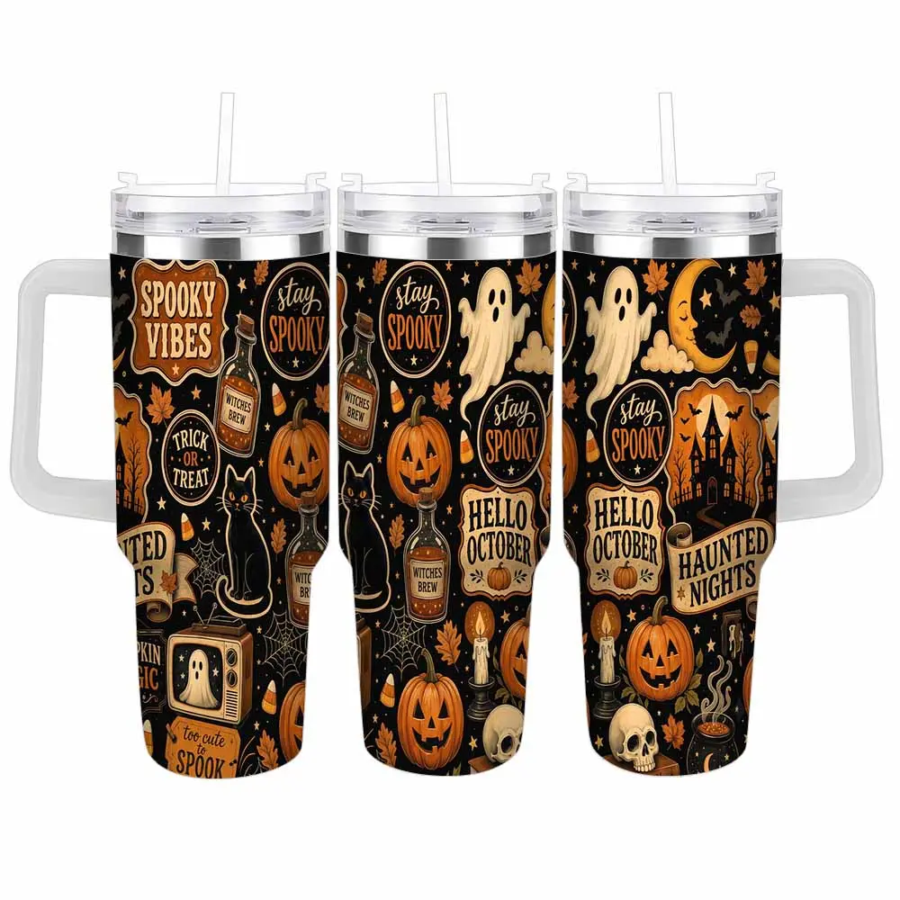 40oz/30oz Halloween Insulated Stainless Steel Travel Flask - Spooky Pumpkin Ghost Witch Brew Print Drinkware with Lid, Straw, Double-Wall Vacuum Insulation for Fall Party, Gifting, Flasks, Bottles