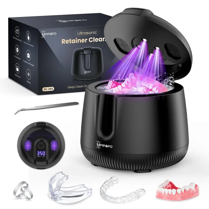 UMPOPO 48000Hz High-Frequency Ultrasonic Retainer Cleaner - 200ML Compact Home Sterilizer with UV-C Light, 4 Modes, Automatic Turn Off, Small Footprint, Water/Tablets Use, Ideal Gift for Denture Users (Aligners, Mouth Guards, Tweezers)