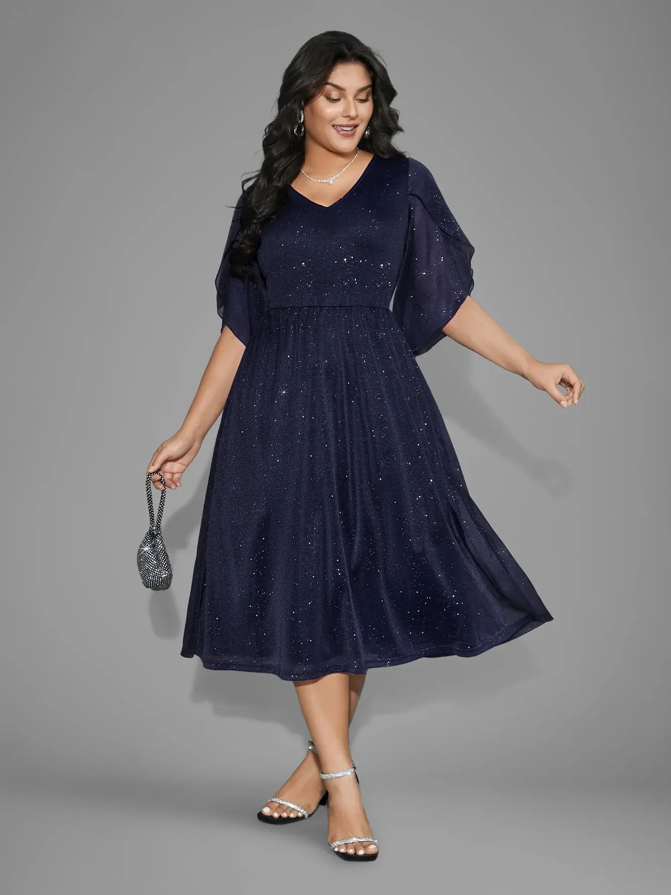 BLOOMCHIC Women's Plus Size Elegant Glitter Mesh Petal Sleeve Midi Party Dress - Wedding Guest Garment, Curvy Clothing with Tummy Control, Pockets, Spandex Fabric (2026 Summer Basic)