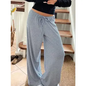 Women's striped printed tie front wide leg pants, summer casual and comfortable low waisted pants, fashionable women's daily underwear, casual streetwear pants