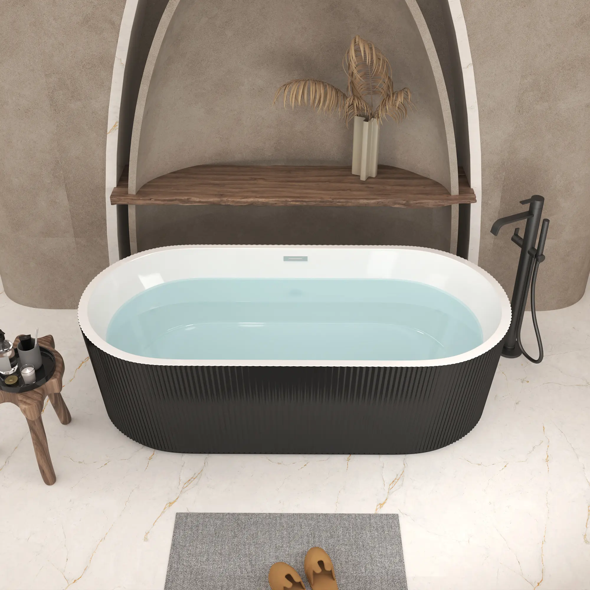 67-Inch Black Linear Acrylic Freestanding Soaking Bathtub, Glossy Rectangular Stand-Alone Tub with Chrome Pop-Up Drain, Adjustable Leveling Ft, Flexible Drain Hose, Heat Retention, Antibacterial Surface for Relaxation, Small Bathrooms, Spa Remodel, Modern