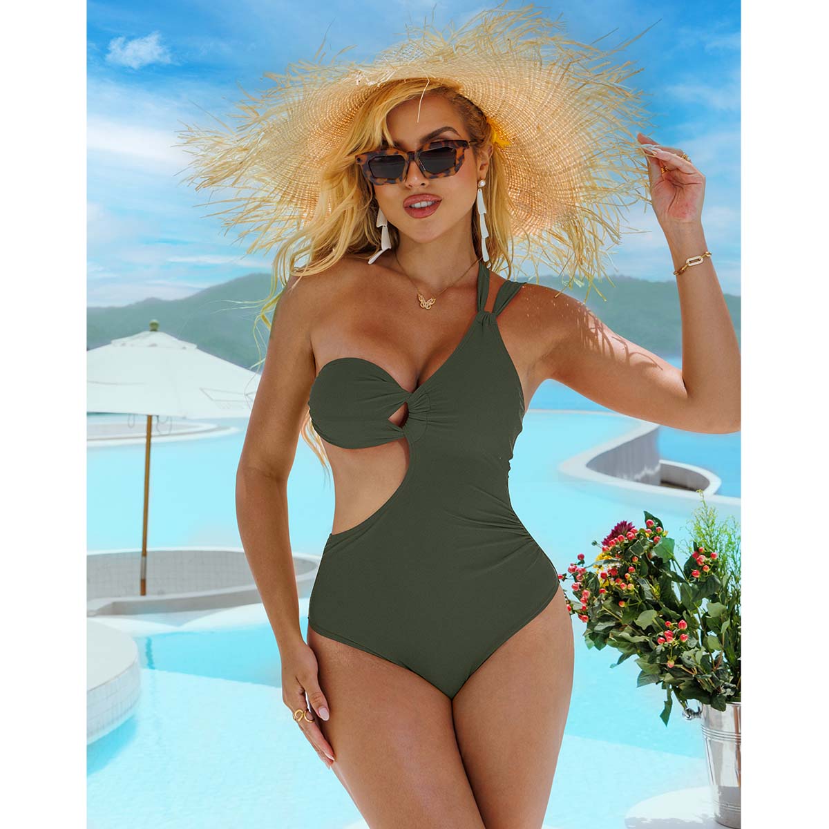 Aprilake Women's One Piece Single Shoulder Straps Hollowed Out Irregular Design Sexy Swimsuit