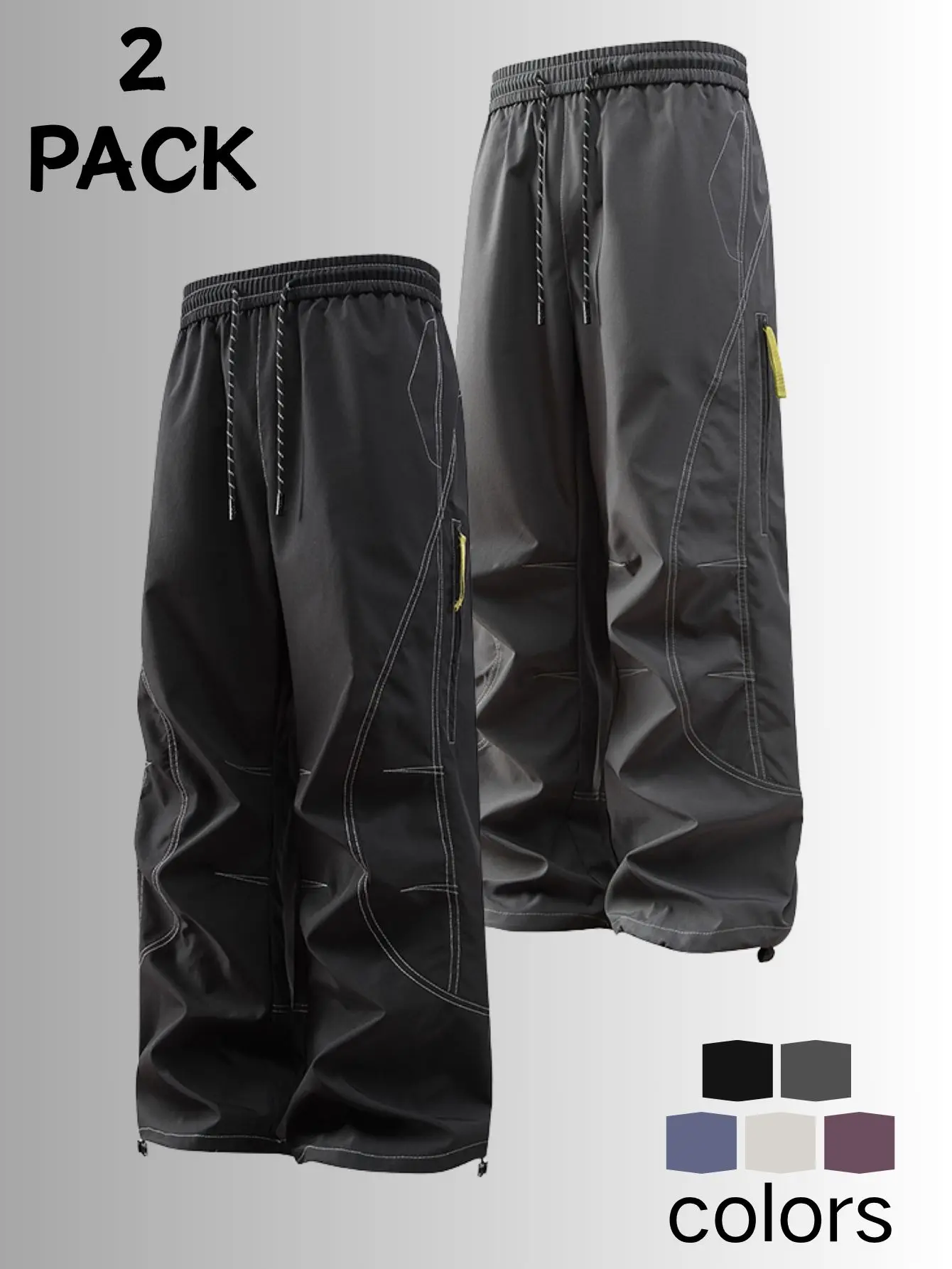 2-Pack American Style Visible Seam 3D Cut Functional Softshell Pants — Unisex Elastic Waist Drawstring Wide-Leg Paratrooper Pants, Waterproof Quick-Dry Outdoor Cuffed Cargo Long Pants