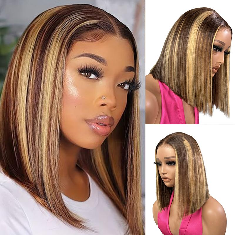 [New In] Wiggins Hair Highlight Straight Bob Wig Glueless 7x4 Lace Closure Wigs Human Hair Ready To Go Wig Honey Blonde Highlights with Brown Hair