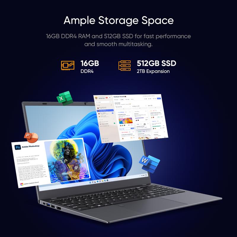 2026 Newest Business Laptop 15.6″ FHD IPS Display, Intel N5095 4-Core 16GB DDR4 512GB SSD 2TB Expandable Backlit Keyboard Fingerprint Reader Long Battery Life Wi-Fi 5 Bluetooth 5.0 Gray