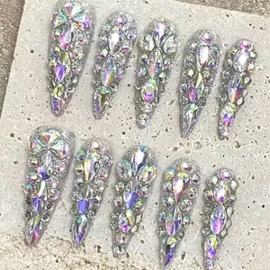 Luxury Handmade Press-On Nails – Stiletto / Almond Design with Full Rhinestone Glam