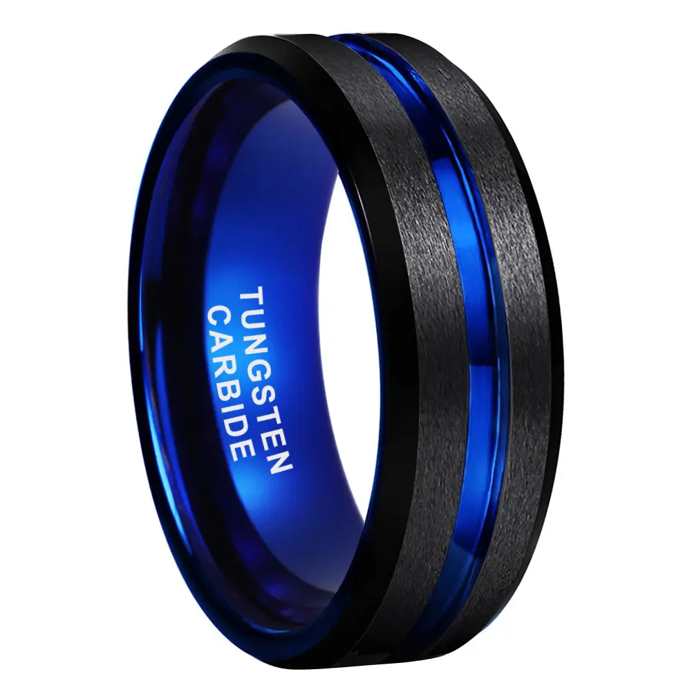 Yonifu Men's Elegant Fashion Tungsten Carbide Wedding Band - 8mm Width, Black Brushed Finish, Blue Interior, Brushed Edge, Round Comfort Fit, Scratch Resistant, Lasting Shine, Crafted from Real Tungsten Carbide, Ideal for Engagement, Anniversary