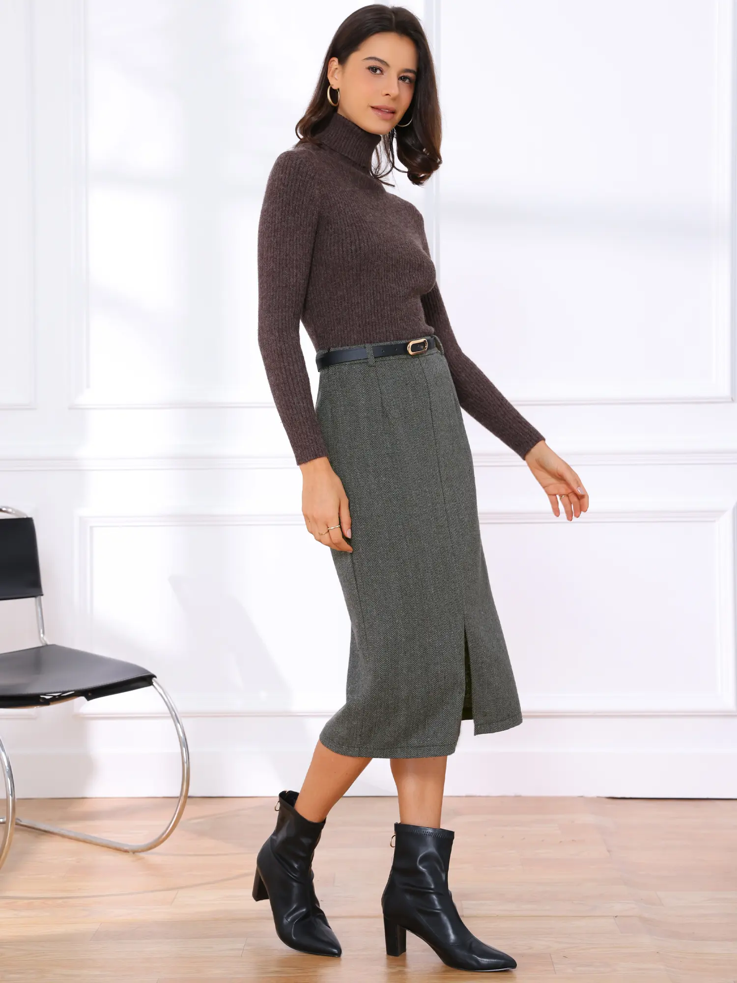 INSPIRE CHIC Women's Midi Pencil Skirt Fall Winter High Waisted Slit Office Work Skirts with Belt