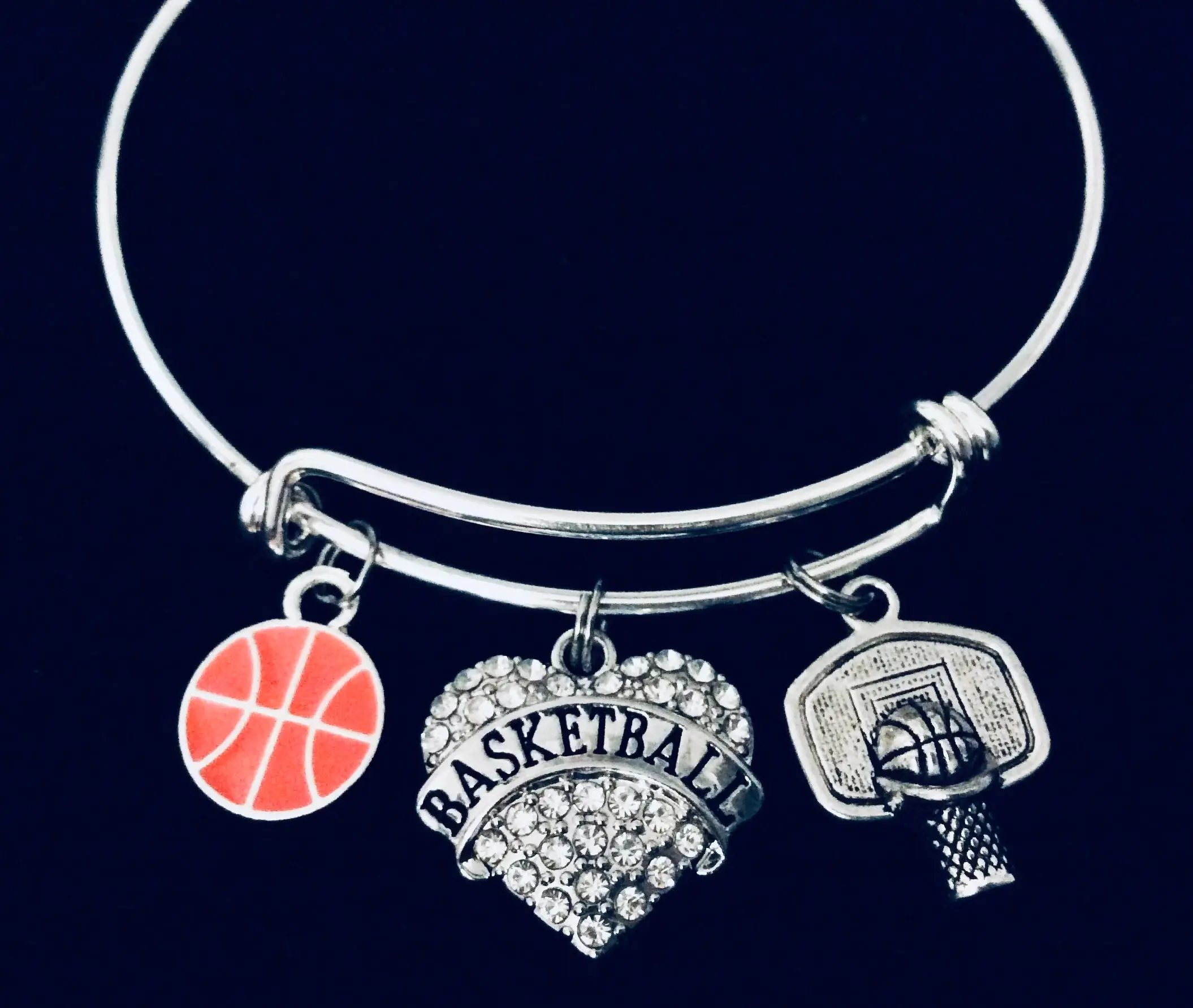 Basketball Charm Bracelet – Silver Plated Adjustable Bangle with Heart, Hoop, and Ball Charms