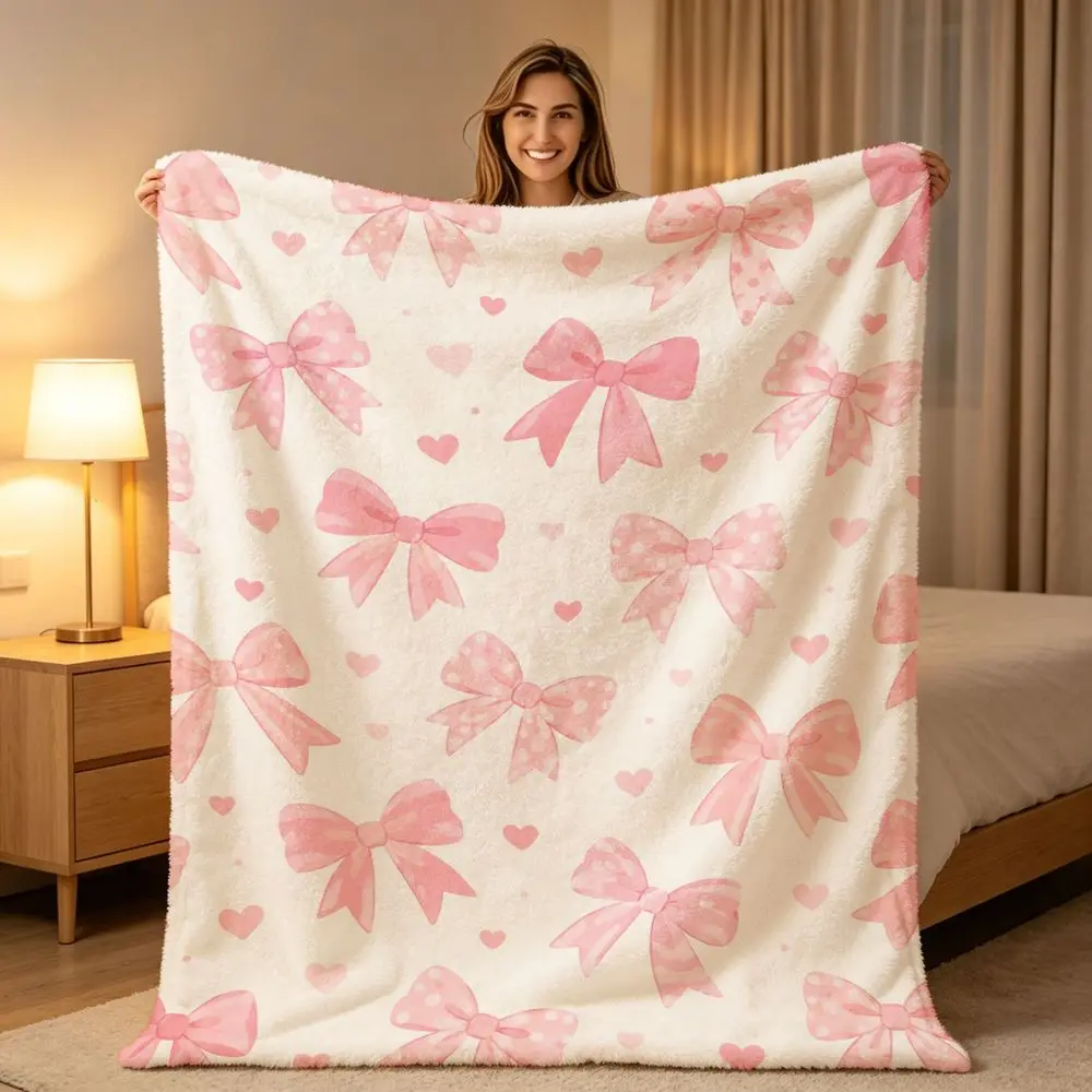 Polyester Soft Fluffy White Throw Blanket with Bow Hearts, Fluffy Texture, Cozy Look – Lightweight Decorative Blanket for Bed, Sofa, Home Use & Home Gift, Modern