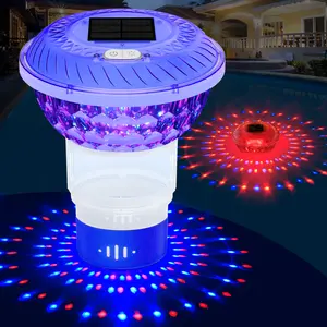 Solar Chlorine Floater with Colorful Light Show, Button Control Pool Chlorines Floaters, Chlorine Floater with Adjustable Release, Easy Opening Floating chlorines Dispenser for Pool, Hot Tub