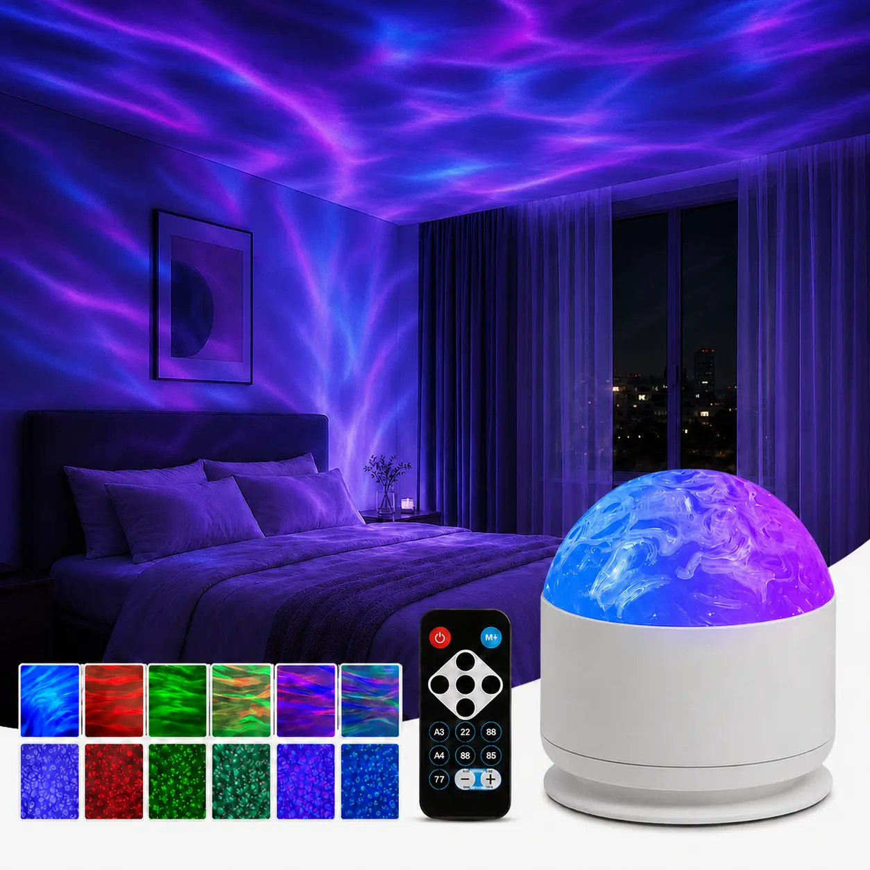 [Christmas gift]2 Scene-7 Color Star Projector Light with Music Rhythm, Ocean Wave & 3D Water Ripple Effects, Romantic Night Light for Bedroom, Party, Best Gift for Kids & Lovers