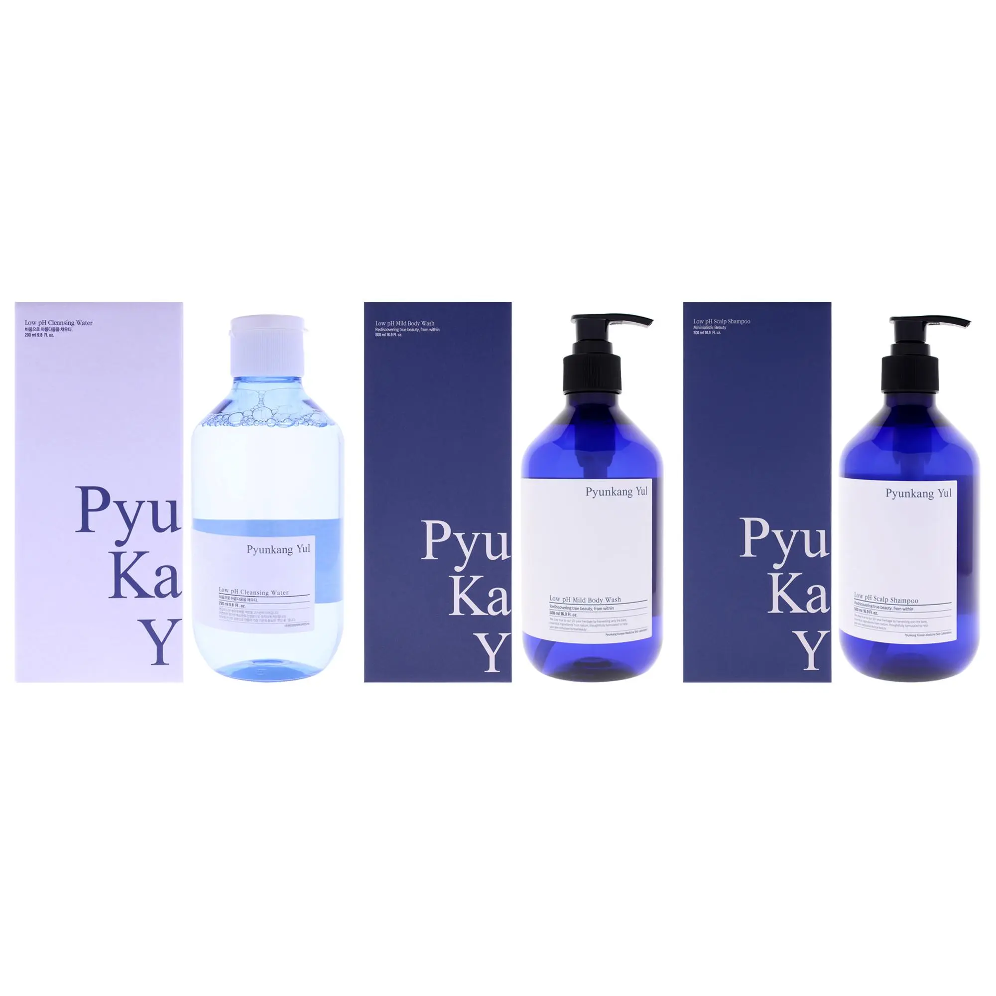 Pyunkang Yul Unisex Low pH 3-Pc Body Care Kit - 9.8oz Sensitive Daily Cleanser Water, 16.9oz Mild Body Wash, 16.9oz Sensitive Scalp Shampoo for Balanced pH