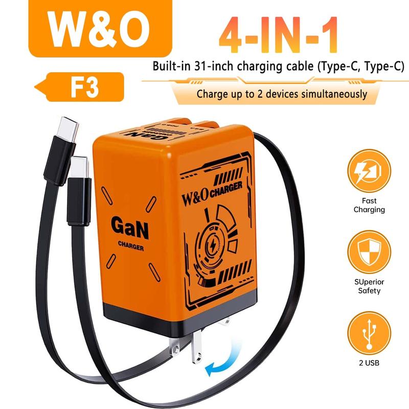W&O 4-in-1 Portable GaN Fast Charger  Compatible with 120W Fast Chargeing with Retractable Cable USB-C & Lightning Usb Connector iphone 16 plus cases smart watch iphone 15 pro max earbuds portable charger chargers android phones power bank power bank