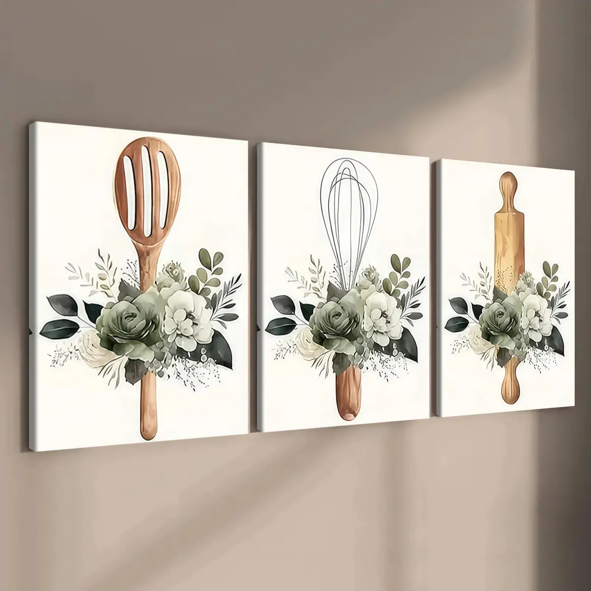3-Piece Solid Wood Frame Canvas Art Set, Artistic Modern Floral Kitchen Decor, Decoration Items, Flower Print Design & Wall Poster, Waterproof High-Definition Print, Ideal for Hallway & Living Room