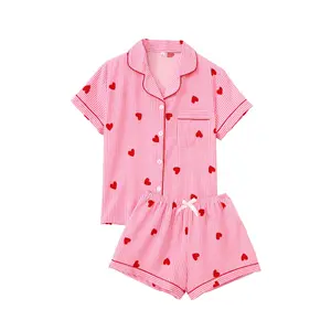 Women's Heart Print Pajama Set - Casual Short Sleeve Shirt & Shorts Sleepwear - Comfy 2-Piece Pjs Pajamas Set Summer Loungewear