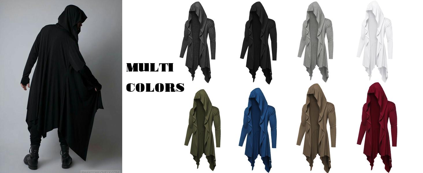 COOFANDY Fall Outfits Men's Black Long Hooded Cardigan Ruffle Shawl Collar Open Front Lightweight Drape Cape with Side Pockets Casual Elastic Workwear 3/4 Length