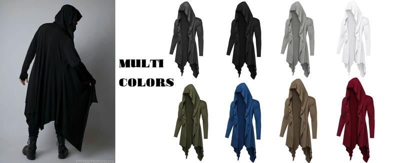 COOFANDY Fall Outfits Men's Black Long Hooded Cardigan Ruffle Shawl Collar Open Front Lightweight Drape Cape with Side Pockets Casual Elastic Workwear 3/4 Length