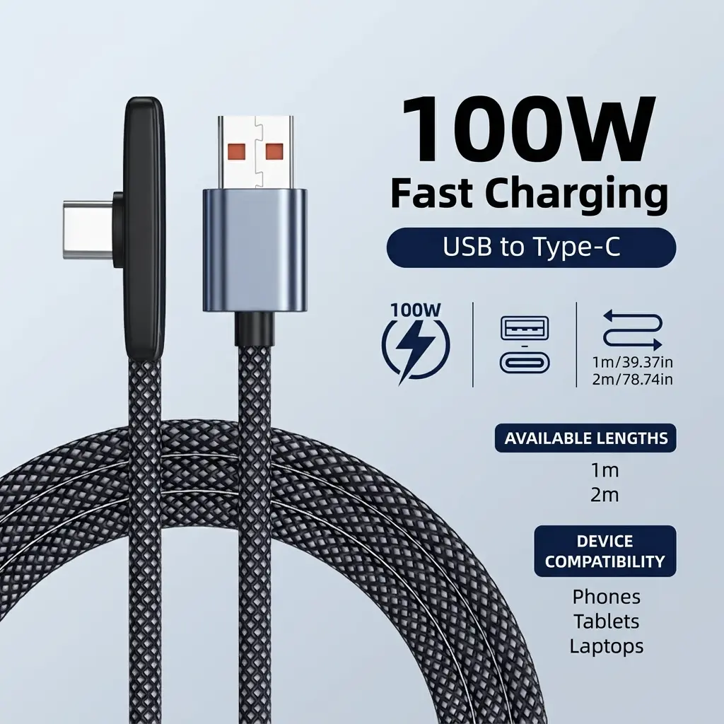 90° Elbow Type-C Plug USB Cable - 100W Fast Charging, 3.3 ft/6.6 ft 3 Pcs Options, Universal Fit, Data Transmission Support, Compatible with iPhone Samsung OPPO Xiaomi OnePlus Mobile Device Accessory