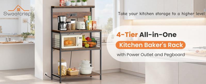Kitchen Bakers Rack with Power Outlet, Coffee Bar Table 4 Tiers, Kitchen Microwave Stand with 6 S-shaped Hooks, Storage Shelf Rack for Spices, Pots and Pans