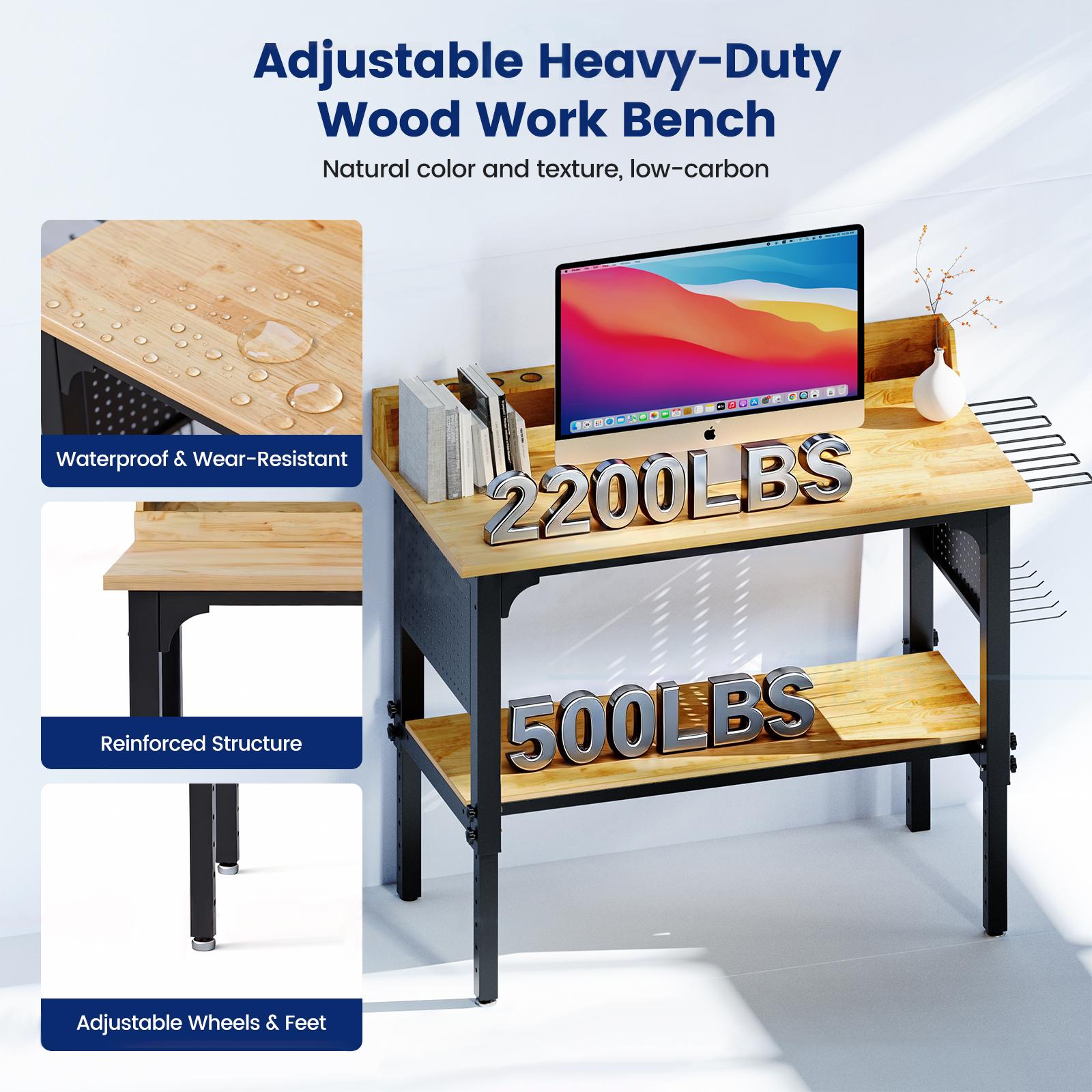 48'' Workbench Adjustable Height with Storage, Heavy Duty 2200 LBS Load Capacity Work Table with Pegboard, Power Outlet and Wheels, Work Bench for Workshop, Garage, Office, Commercial, Home