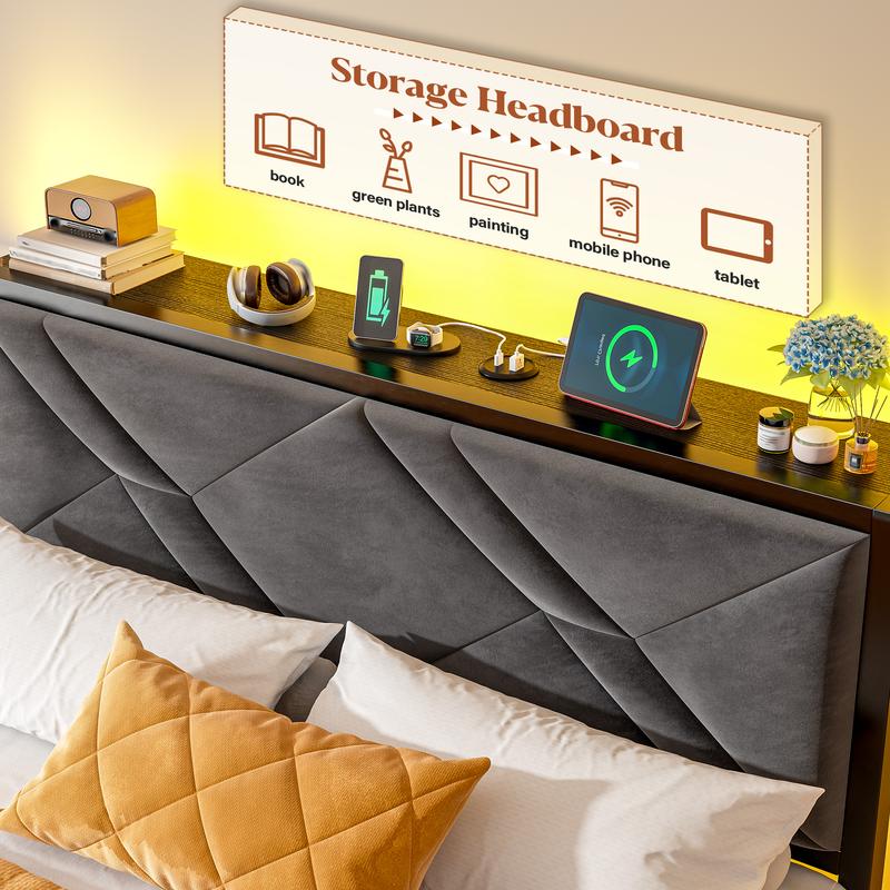 6 Drawers LED Bed Frame with Storage Shelf, Wood Luxury Platform Bed Frames with USB Port Charging Station & Upholstered Headboard for Queen, Full, Holds 1000lBS, No Box Spring Needed, Gray, Rustic Brown
