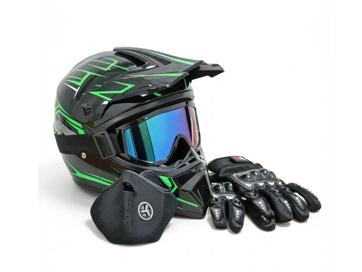 Adult Full Face Motorcycle Helmet, Matte Black Multi-Channel Venting ABS Shell, DOT Certified for UTV & Motocross, 4-Piece Set with Goggles, Gloves, Mask, Motocross Protective Gear, Atv/Four-Wheel Atv