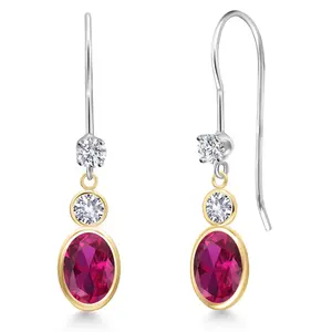 14K Two Tone Gold Red Created Ruby and White Created Sapphire and Lab Grown Diamond Dangle Earrings for Women | 2.10 Cttw | Gemstone July Birthstone | Oval 7X5MM