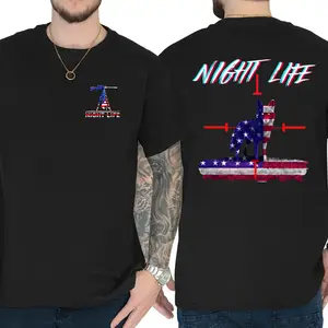 Night Life Coyote Graphic T-Shirt, American Flag Wolf Hunter Tee, Patriotic Hunting Shirt, 2-Sided Graphic Tee, Outdoor Streetwear Unisex Cotton Tee
