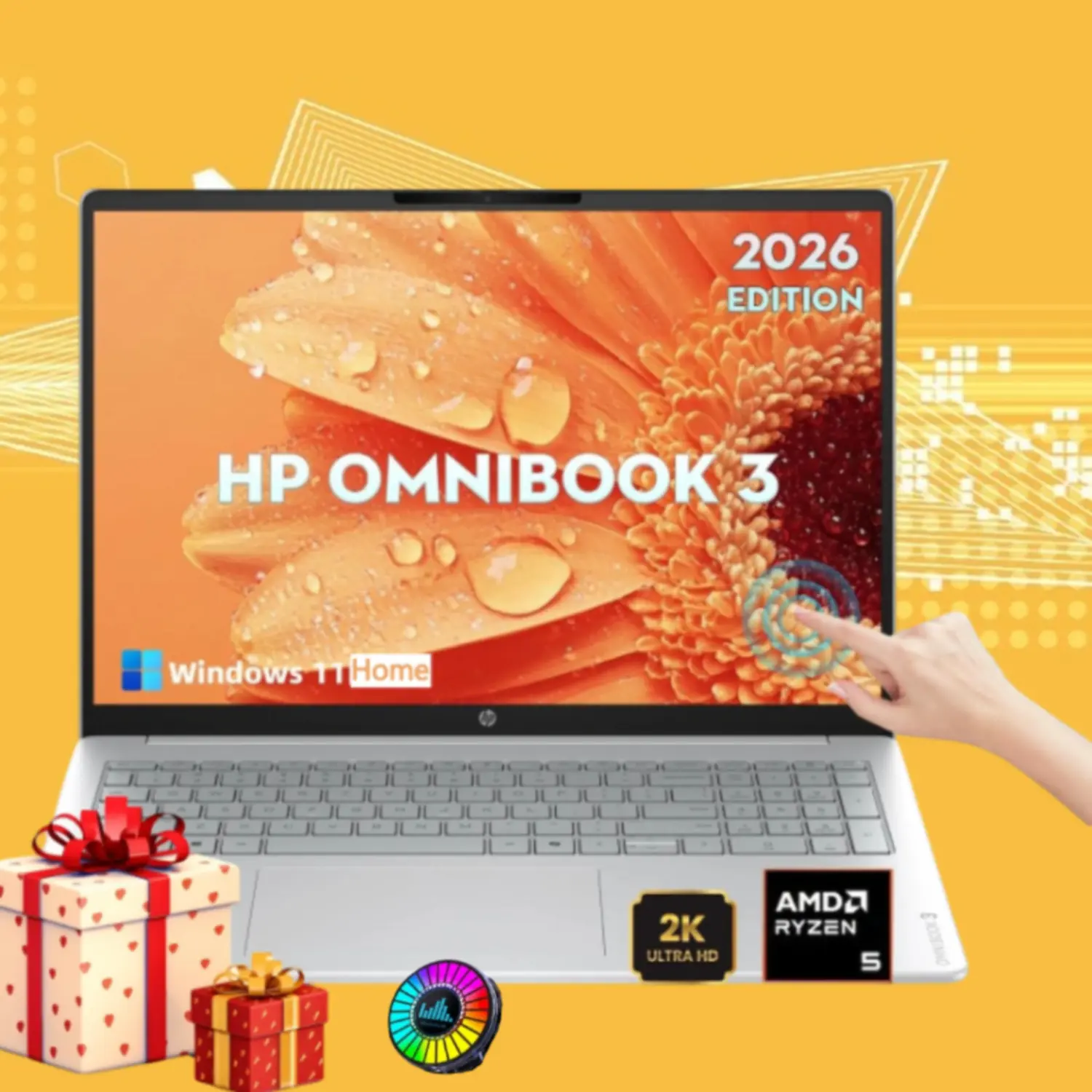 HP OmniBook d1523 2026 Edition 2-in-1 16in 2K IPS Screen Touchscreen Laptop, AMD Ryzen 5 40, Up to 8GB RAM, 512GB SSD, Built-in Radeon 610M Graphics, FHD Camera, Copilot AI, Windows 11 Home, for Business Users, Bundle Accessories