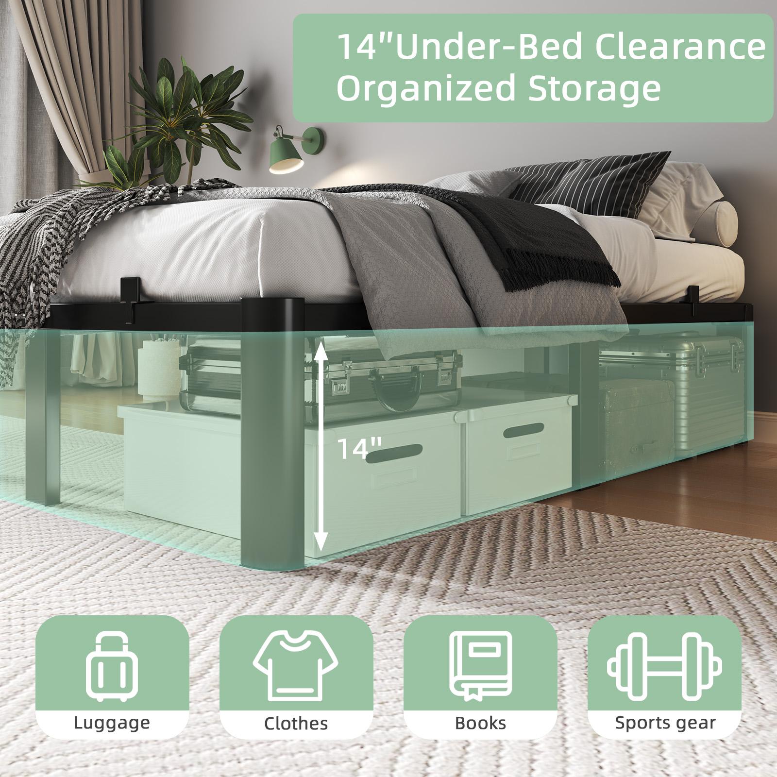 COZPAW Queen Size Metal Platform Bed Frame with Storage - 14/ 18 Inch Height, Heavy Duty 3500 lbs Capacity, Anti-Squeak Design, No Box Spring Needed, Easy Assembly