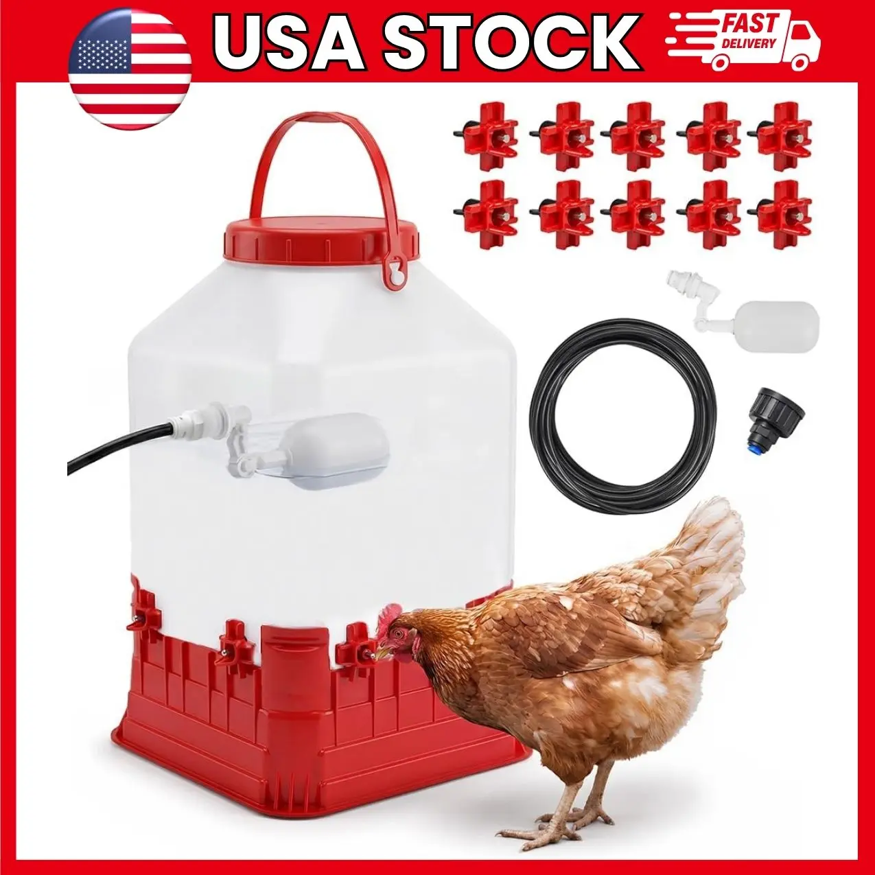 Automatic Chicken Waterer with Nipple Drinkers, 2.6 Gallon Poultry Watering System with Float Valve, Filter and 10 Stainless Steel Nipples, Auto-Refill Poultry Drinker for Chickens, Ducks and Quail | automatic chicken waterer,chicken waterer,poultry
