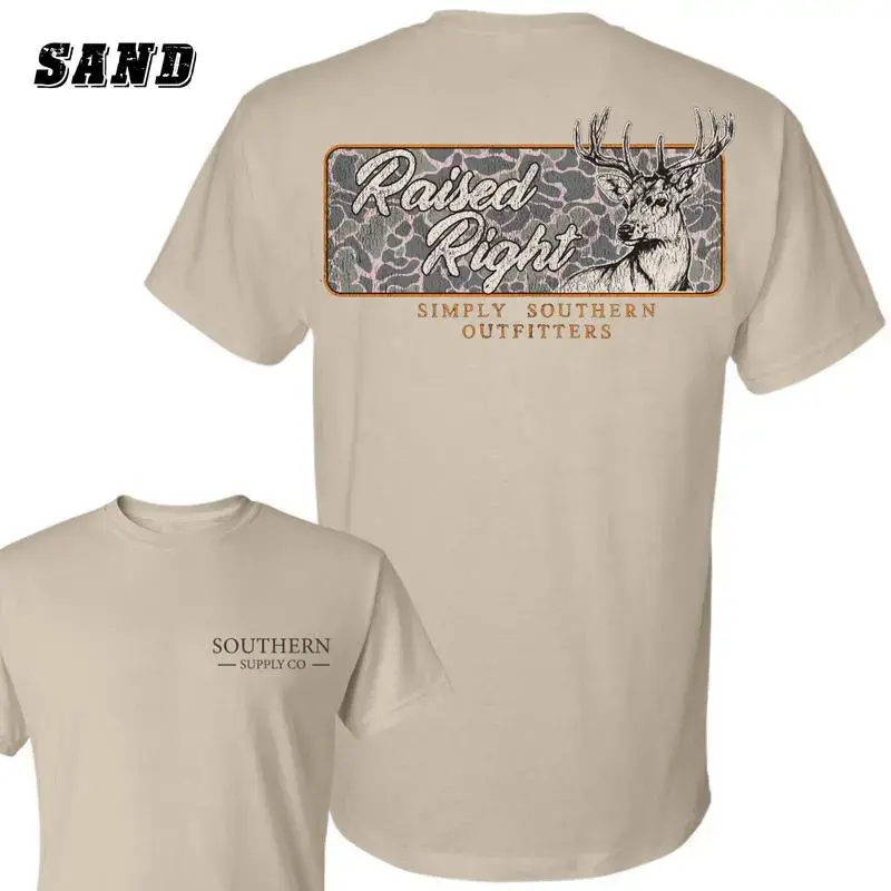 Raised Right Deer Camo Southern Outfitter 2 Sided Shirt, Hunting Outdoors Apparel, Hunting Deer Tee - KitchenEra