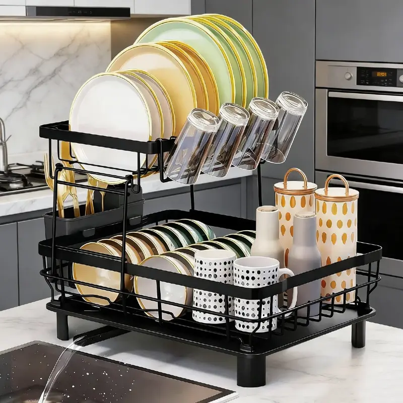 2 Tier Dish Drying Rack for Kitchen Counter Metal Dish Racks Drainers with Knife Cup Utensil Holder Organiser ,Dish Drainer Saves Kitchen Space,Valentine's Day Gift, Black
