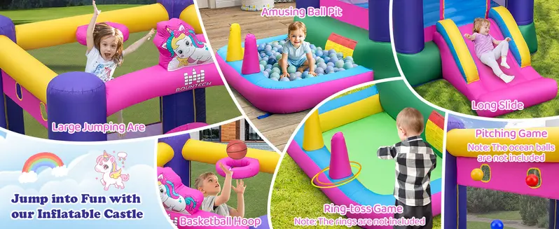 Costway Inflatable Bounce House with Ball Pit, Bouncy House for Kids Indoor Outdoor w/Basketball Hoop, 480w Blower, Mini Bounce House with Slide for Boys Girls Backyard Birthday Party Gifts