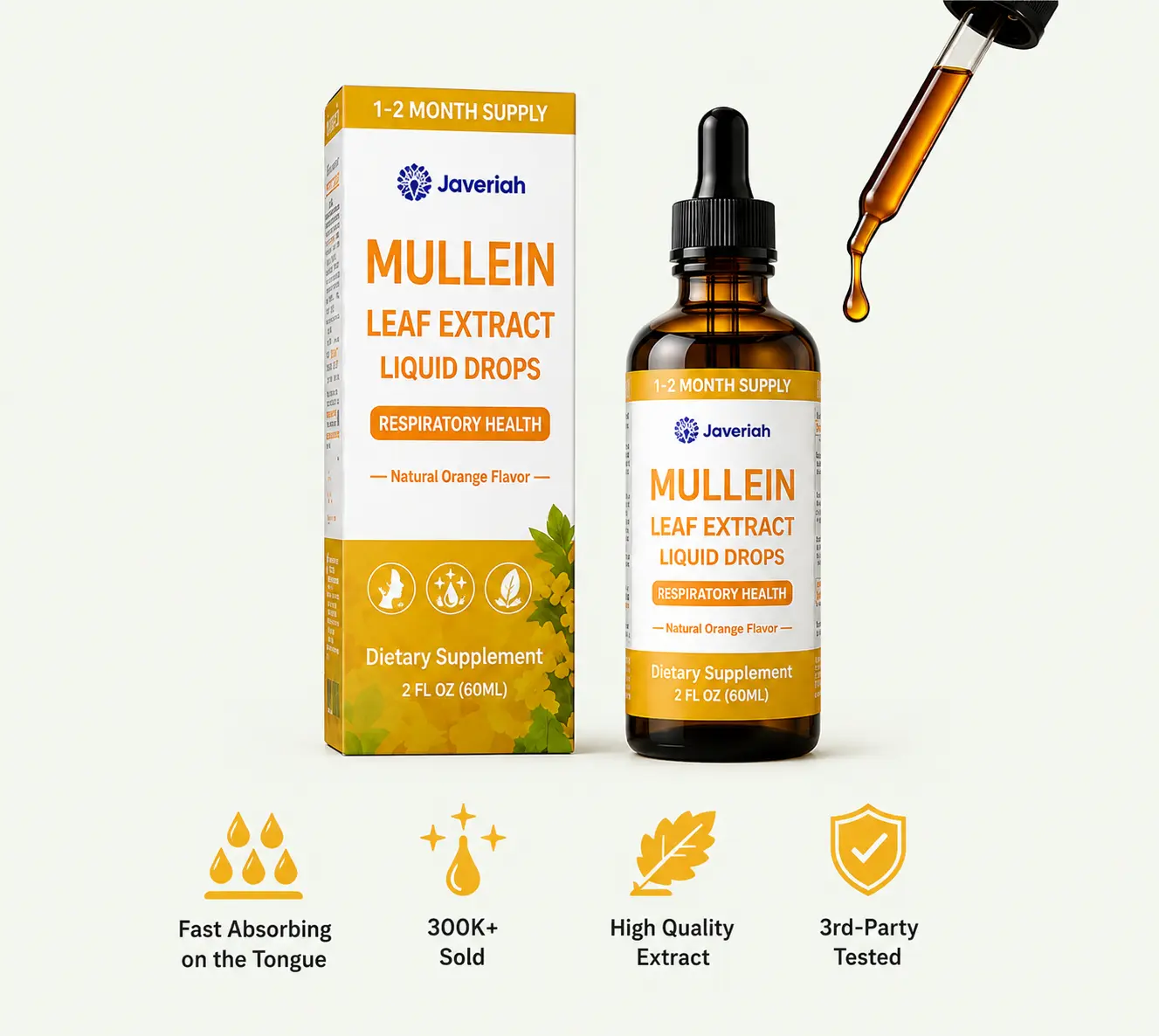 Javeriah Mullein Leaf Extract Liquid Drops 2 FL OZ 60ML Natural Orange Flavor for Respiratory Health Fast Absorbing 300K+ Sold